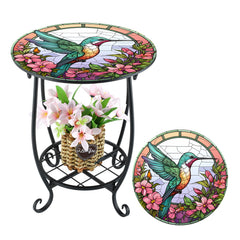 Cinnvoice Outdoor Side Table front view with hummingbird pattern