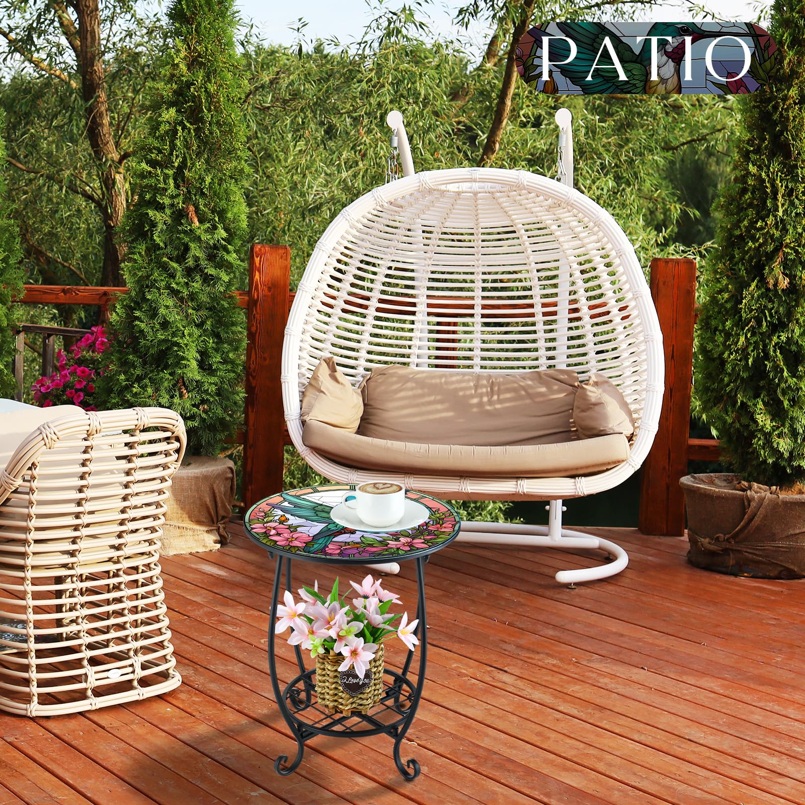 Cinnvoice Outdoor Side Table in use as a snack table