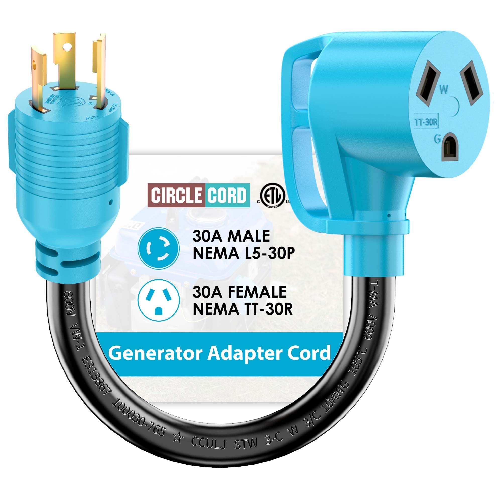 CircleCord Generator to RV Adapter Cord L5-30P to TT-30R front view
