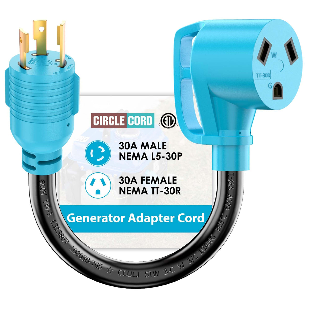 CircleCord Generator to RV Adapter Cord L5-30P to TT-30R front view