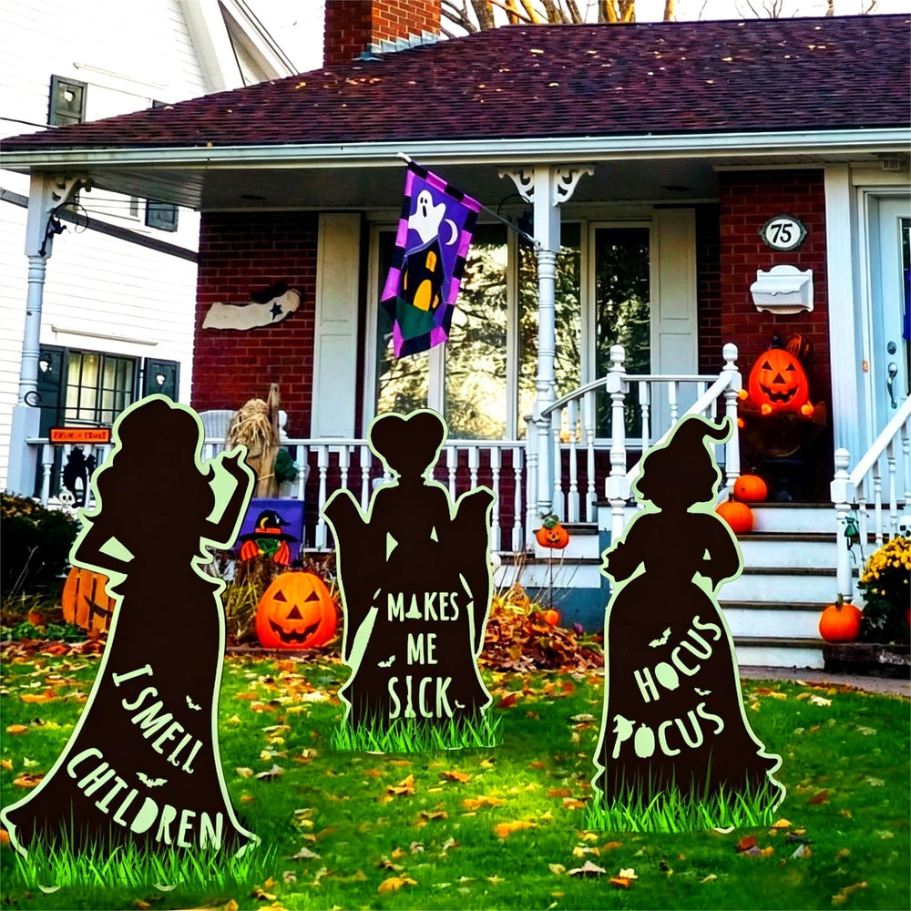 CIWEKA Hocus Pocus witches yard signs set up in a garden