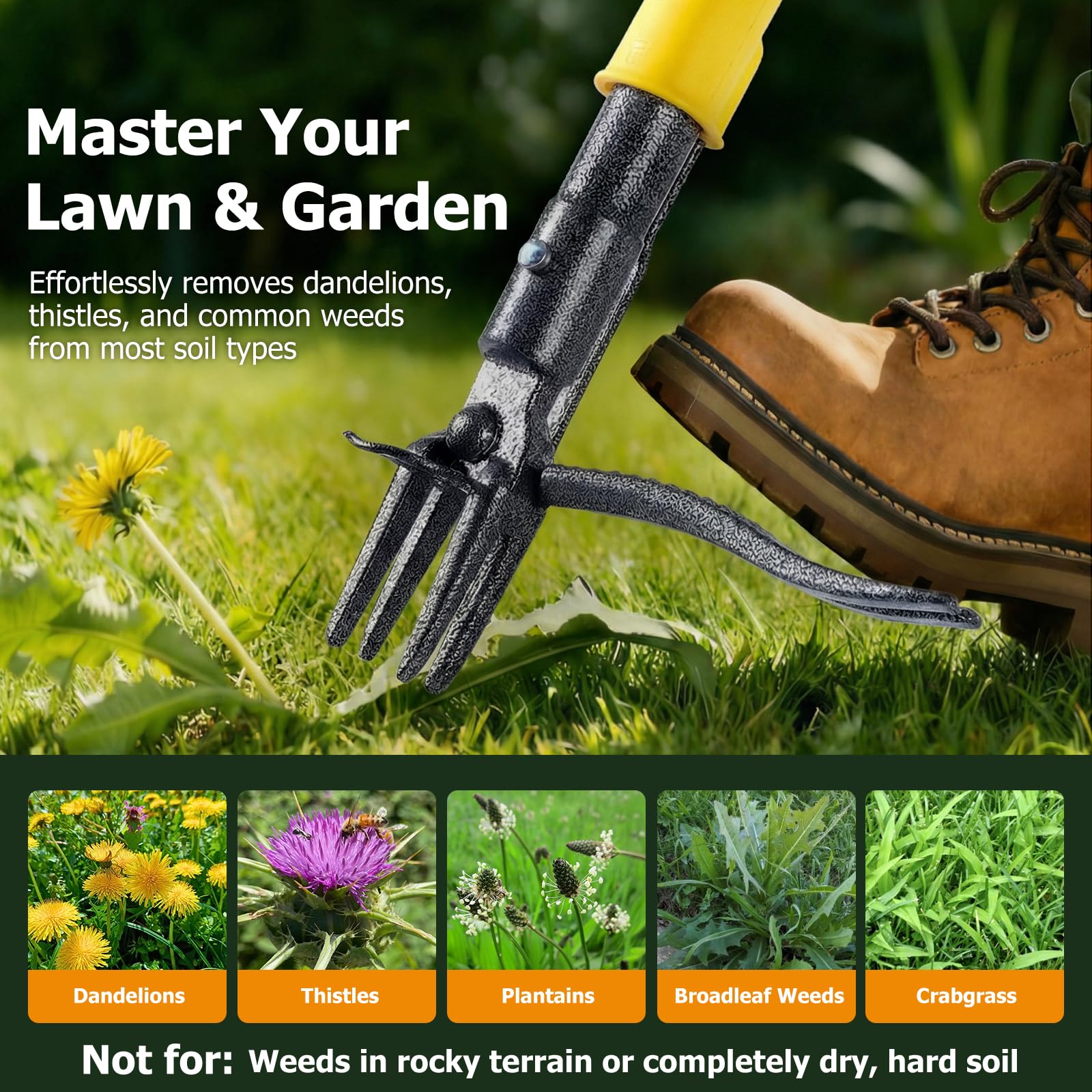 CJYMMFAN Stand Up Weed Puller Tool demonstrating ergonomic design