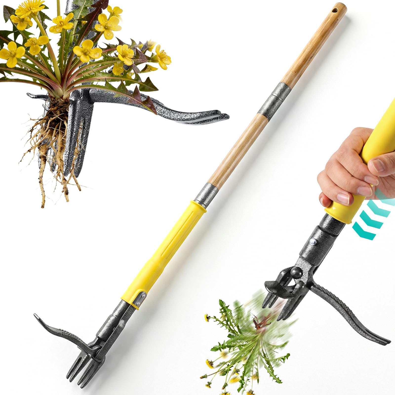 CJYMMFAN Stand Up Weed Puller Tool front view with yellow handle