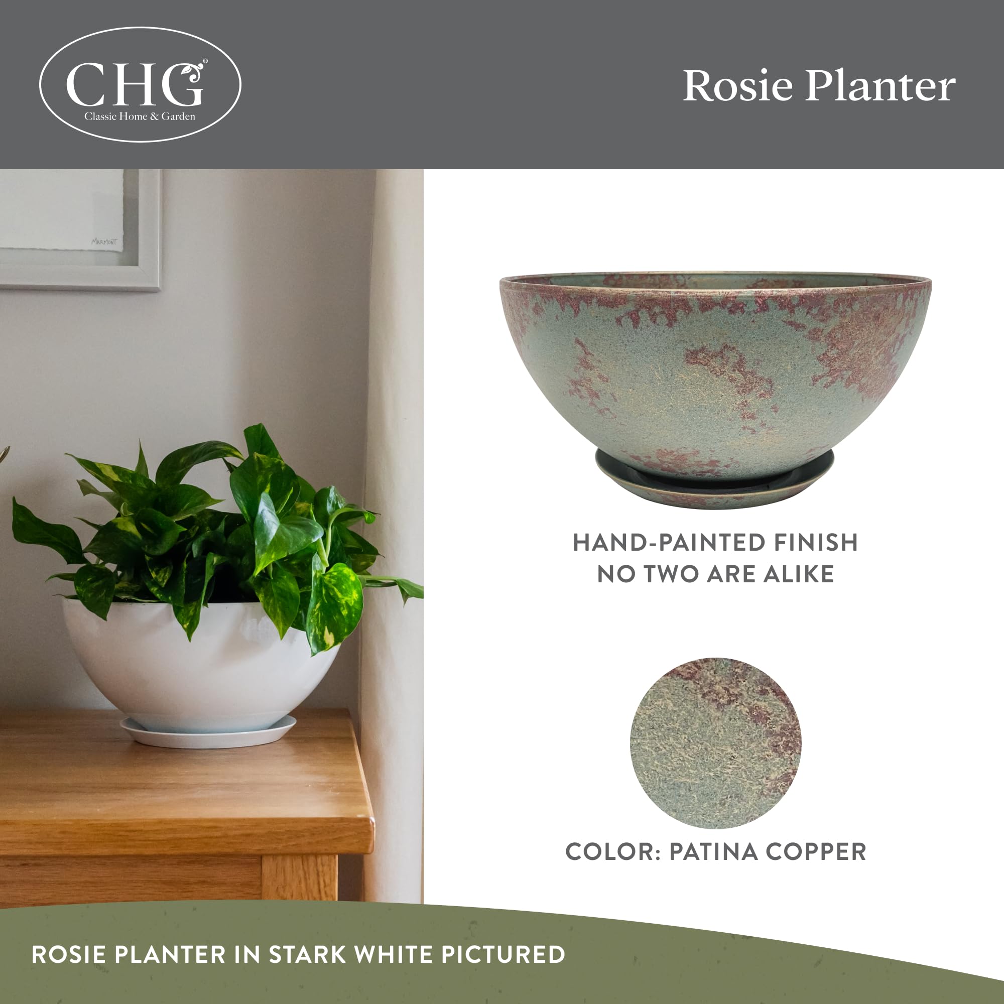 Classic Home & Garden Rosie Modern Planter side view displaying drainage hole