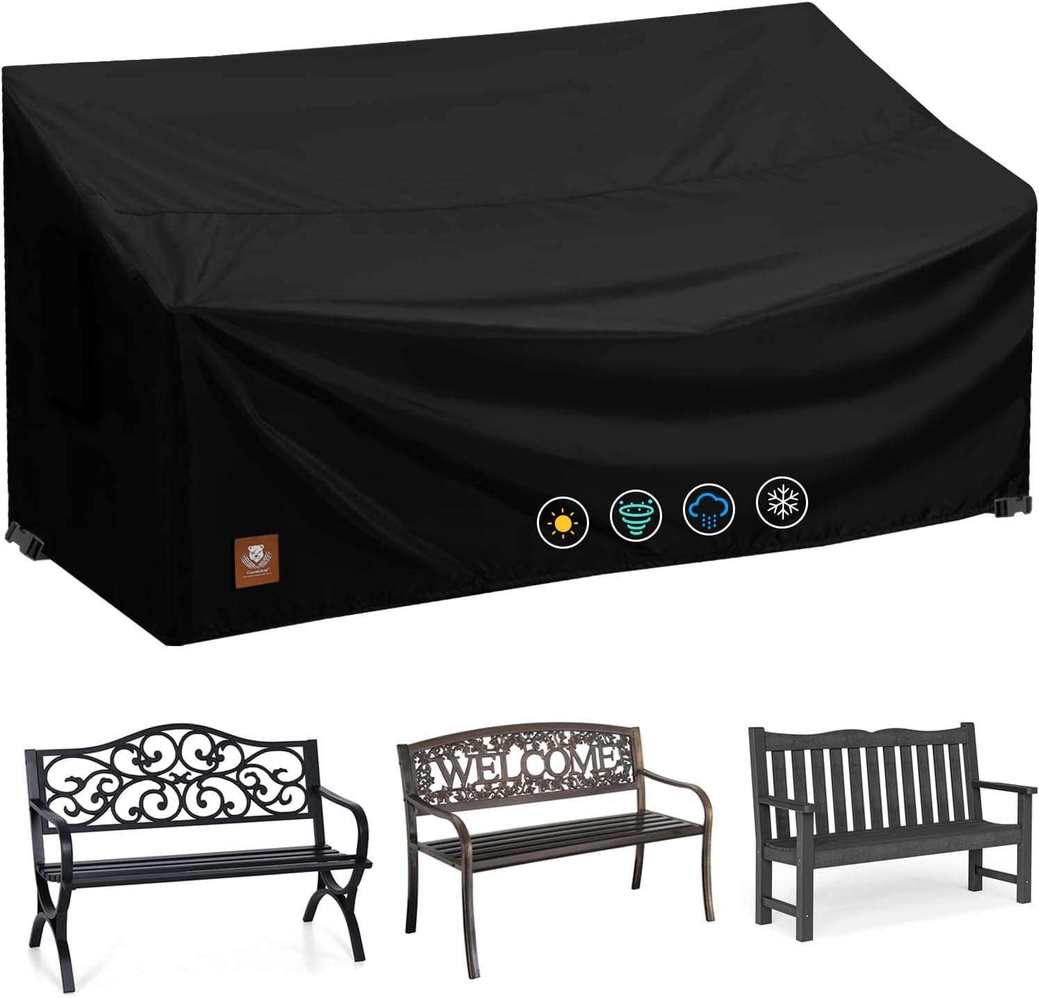 ClawsCover 2 Seater Outdoor Bench Cover in black, front view