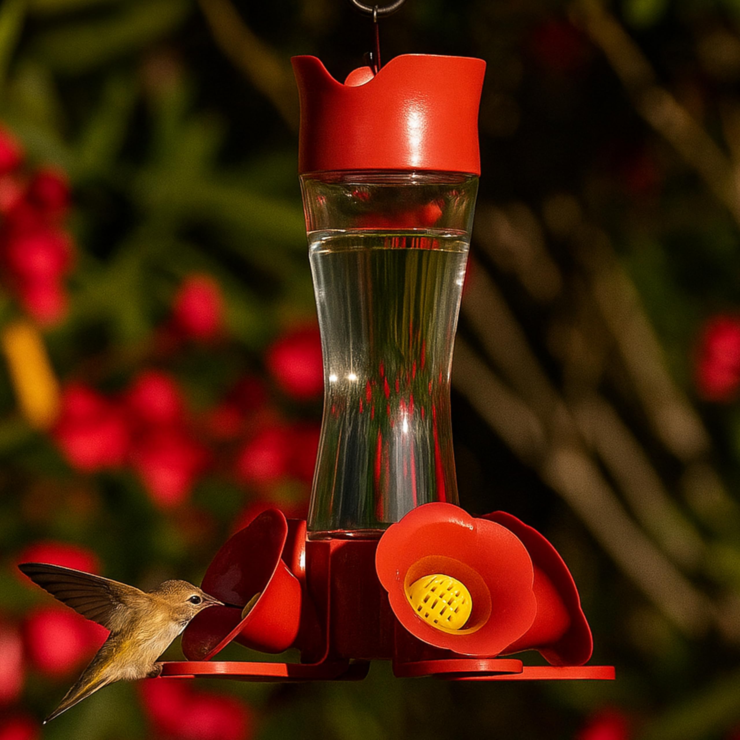 Clear glass hummingbird feeder with bee guards