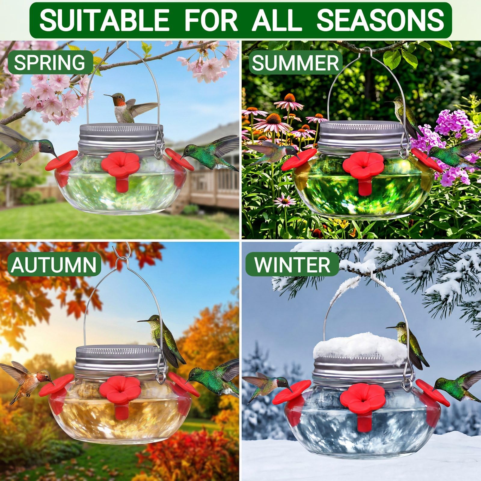 Clear glass hummingbird feeder with red silicone flowers