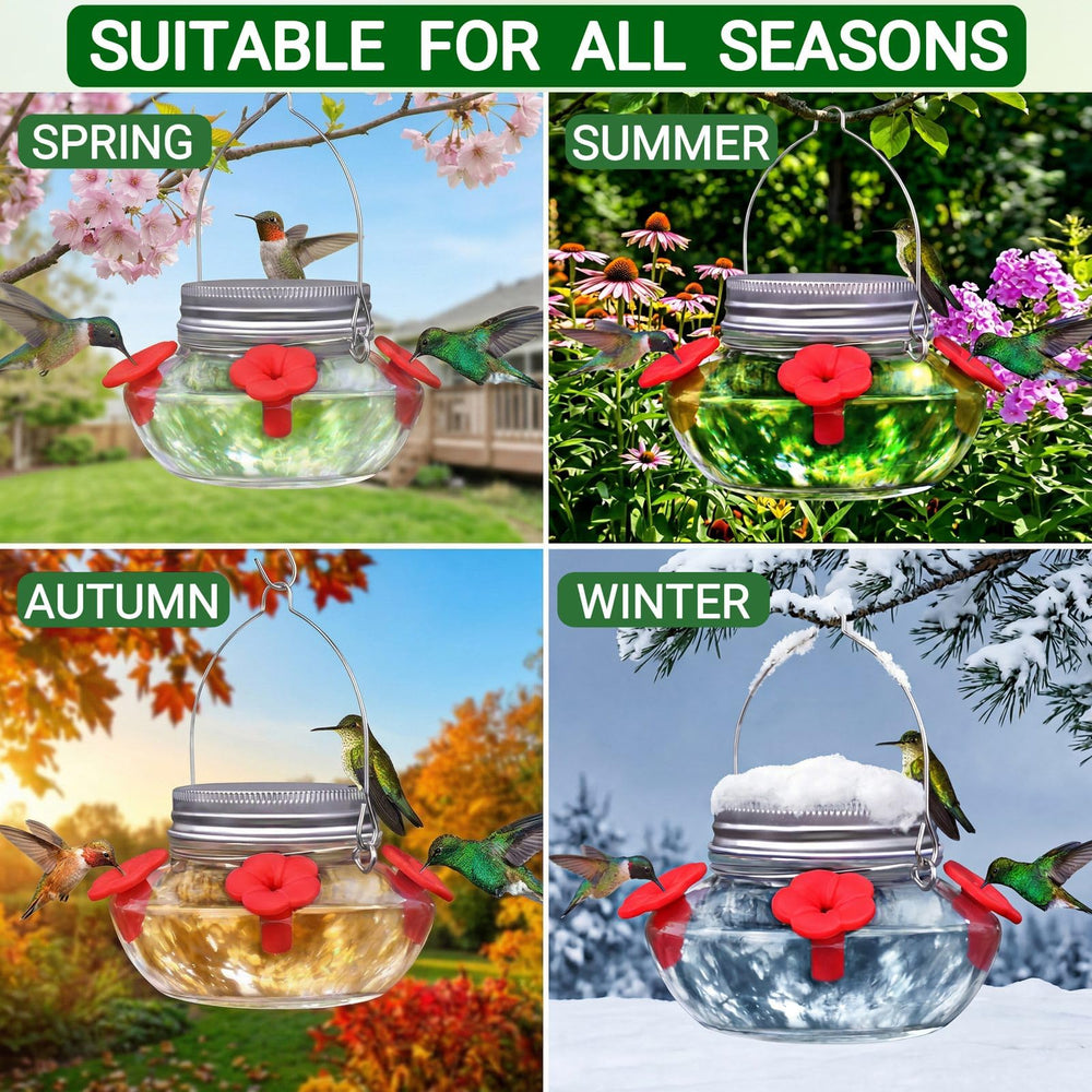 Clear glass hummingbird feeder with red silicone flowers