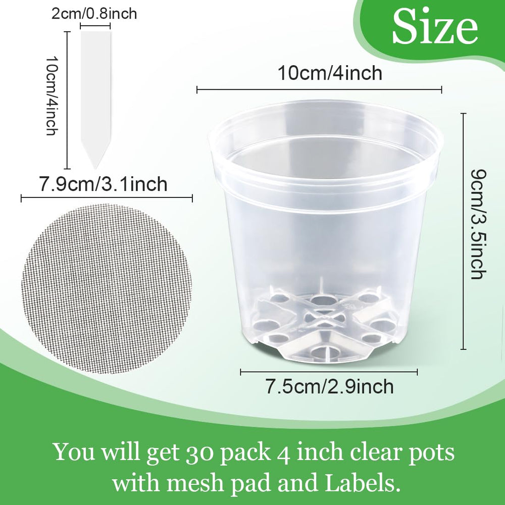 Clear nursery pots with mesh screens and labels