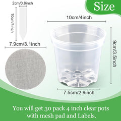 Clear nursery pots with mesh screens and labels