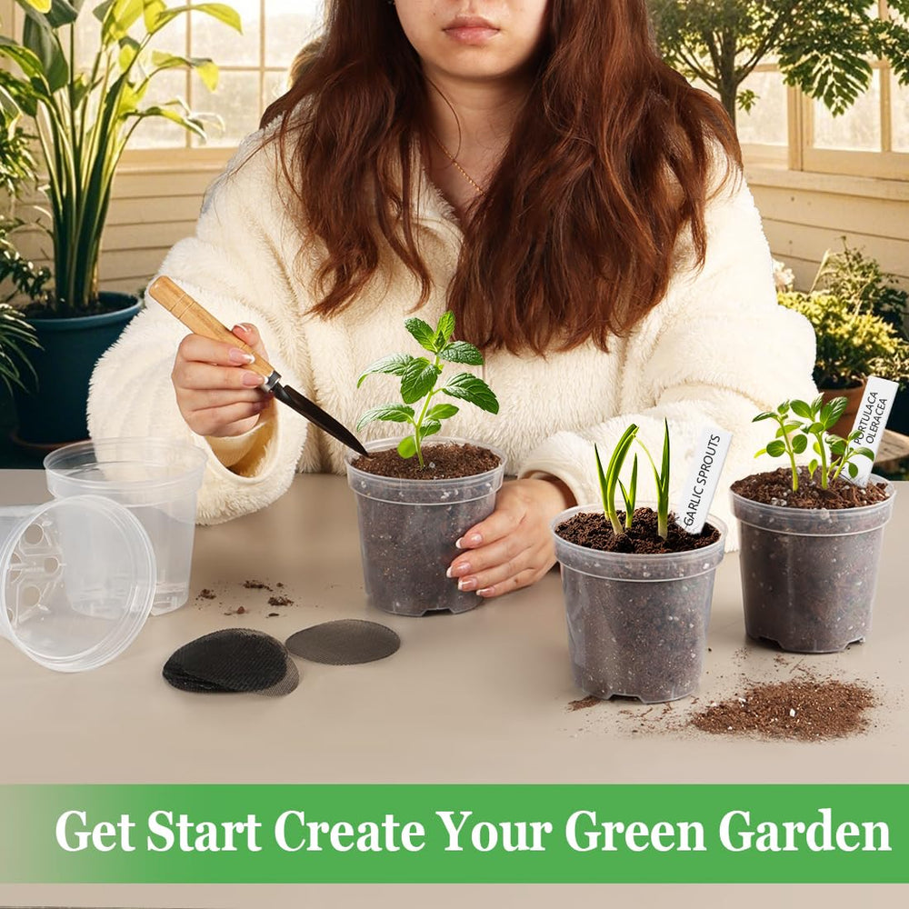 Clear plastic plant pots with labels for organization