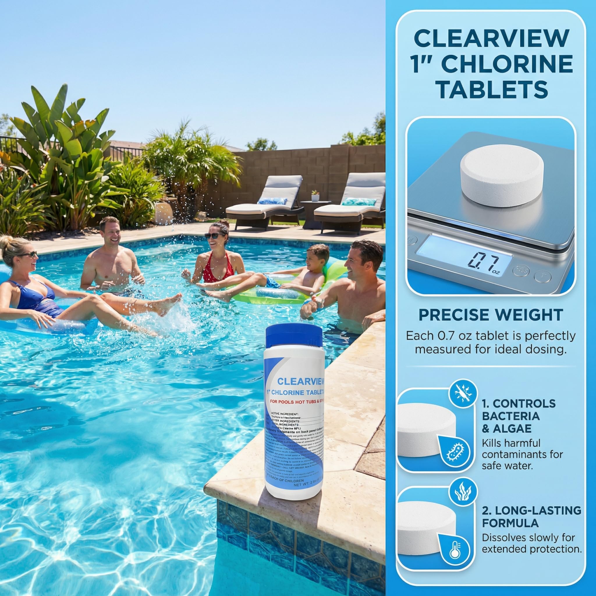 CLEARVIEW Chlorinating Tablets 1" side view showing tablet size