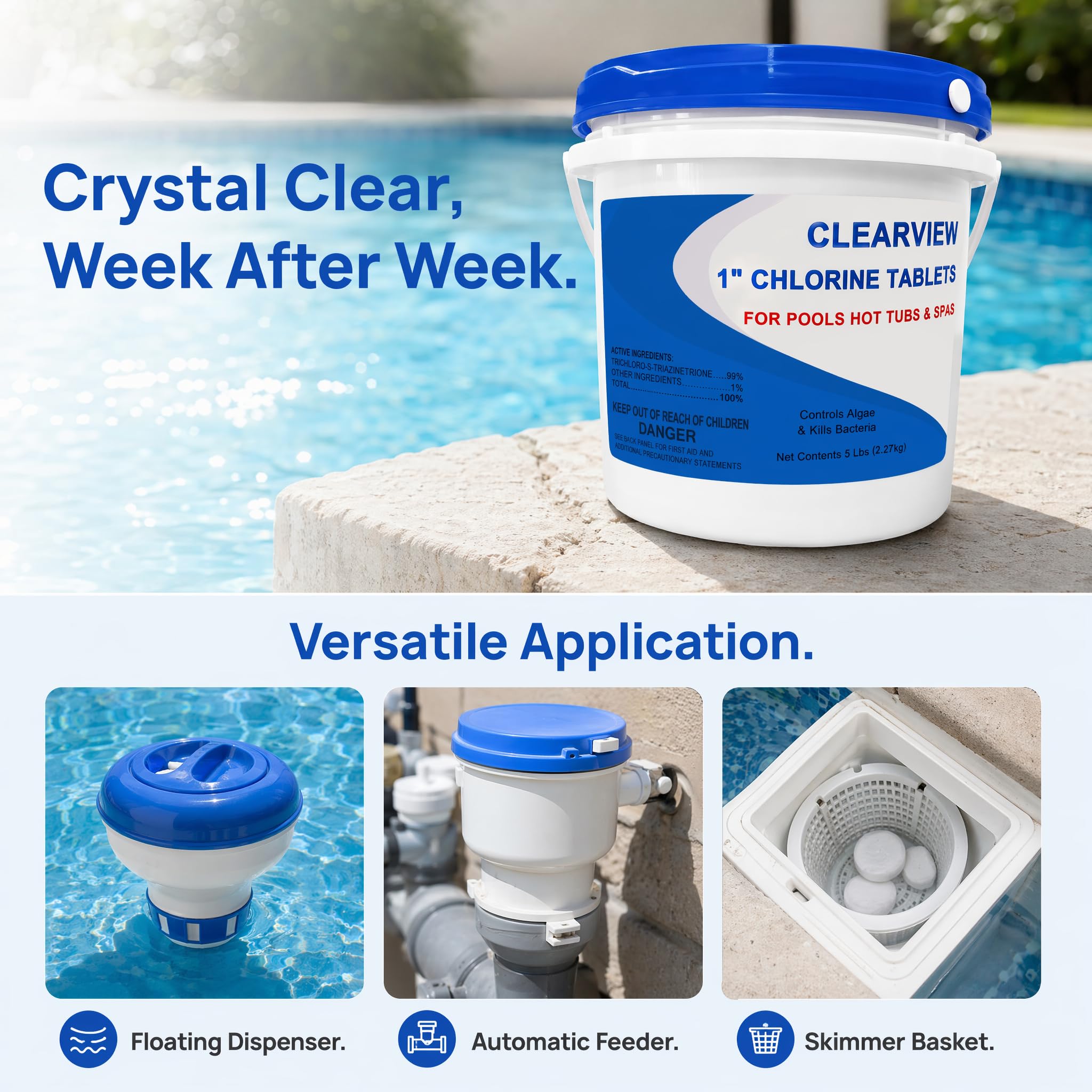CLEARVIEW Chlorine Tablets 1 Inch on a patio table