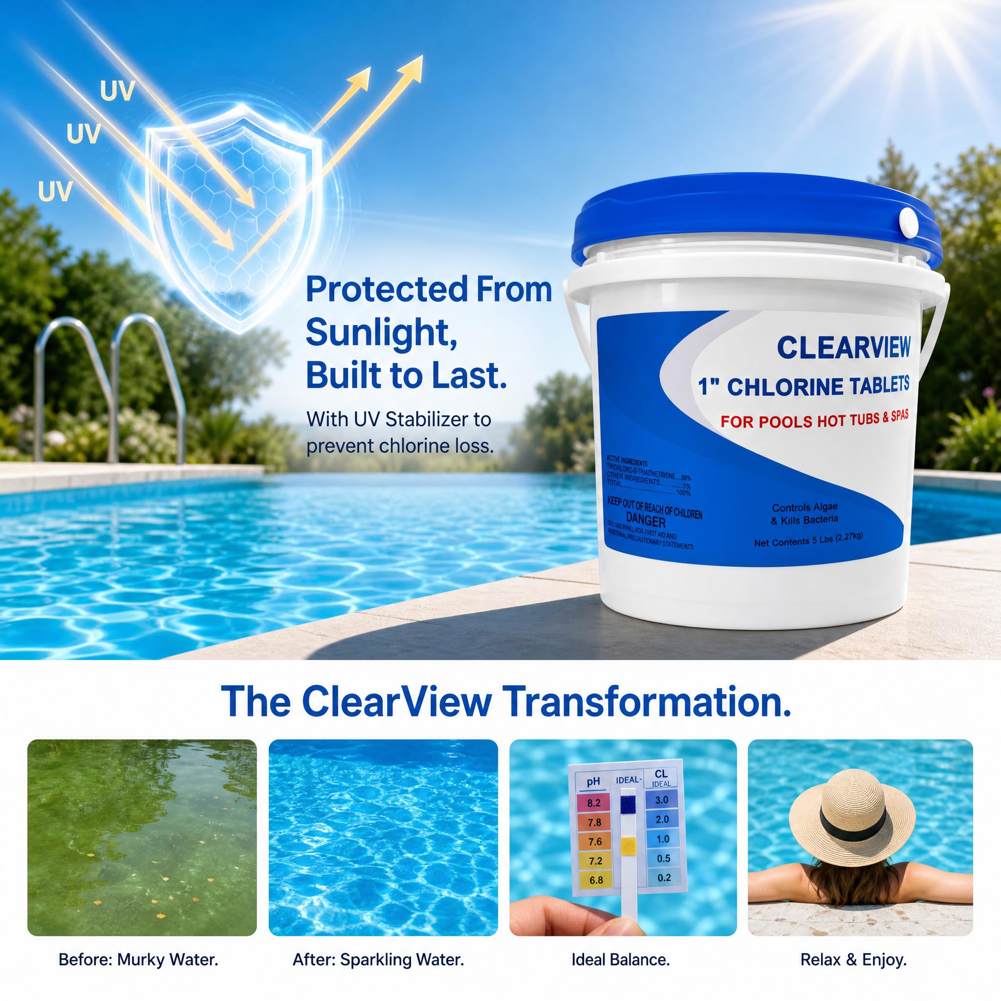 CLEARVIEW Chlorine Tablets 1 Inch with pool water background