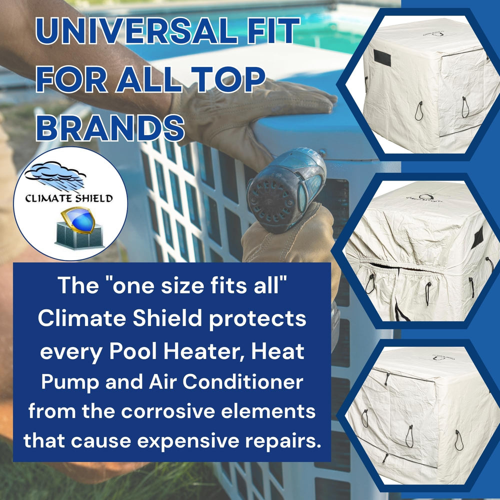 Climate Shield Pool Heater Cover installed on a heat pump