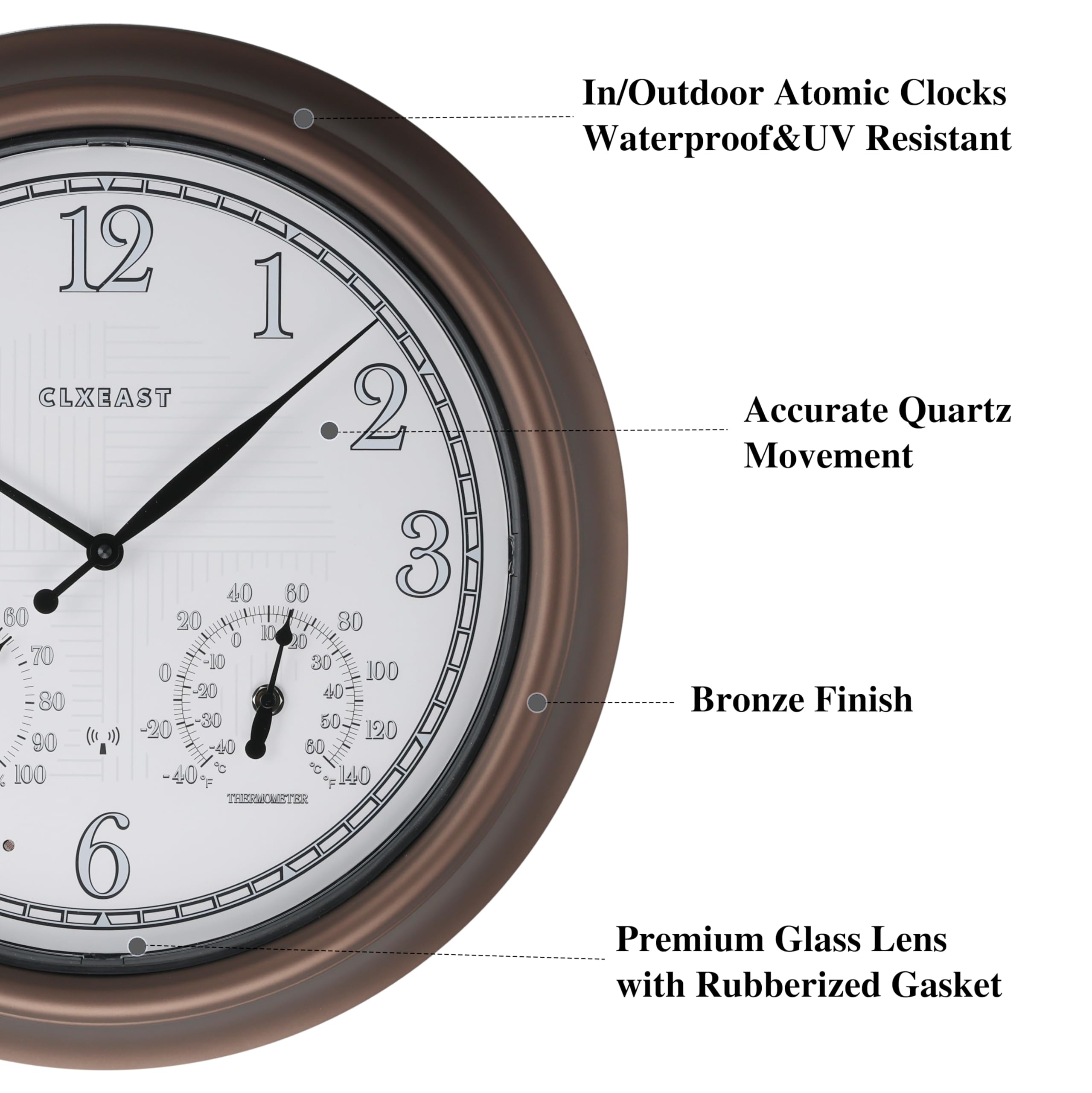 Clock face of CLXEAST outdoor atomic clock showing time