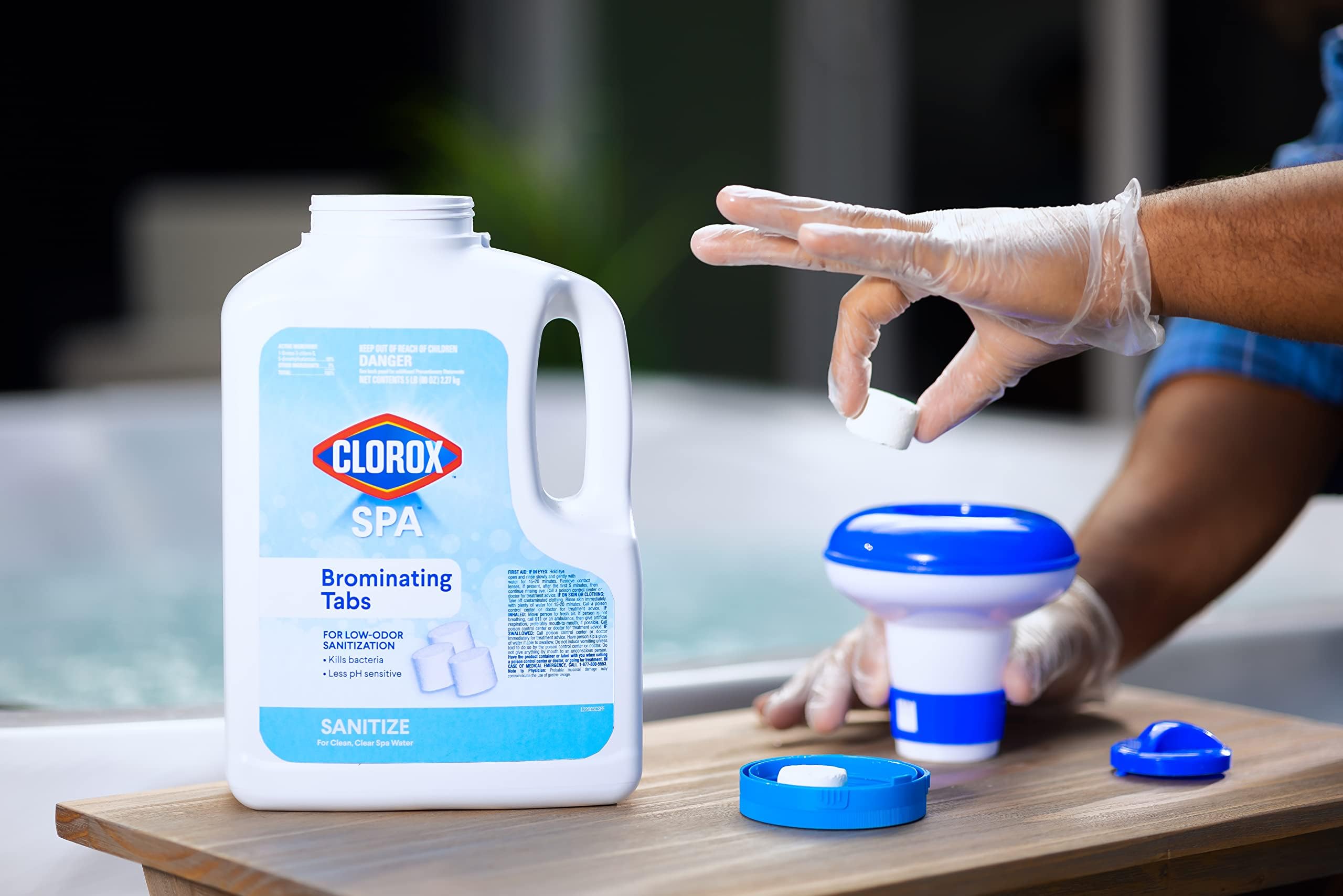CLOROX Pool&Spa Spa Bromine Tablets in a hot tub setting