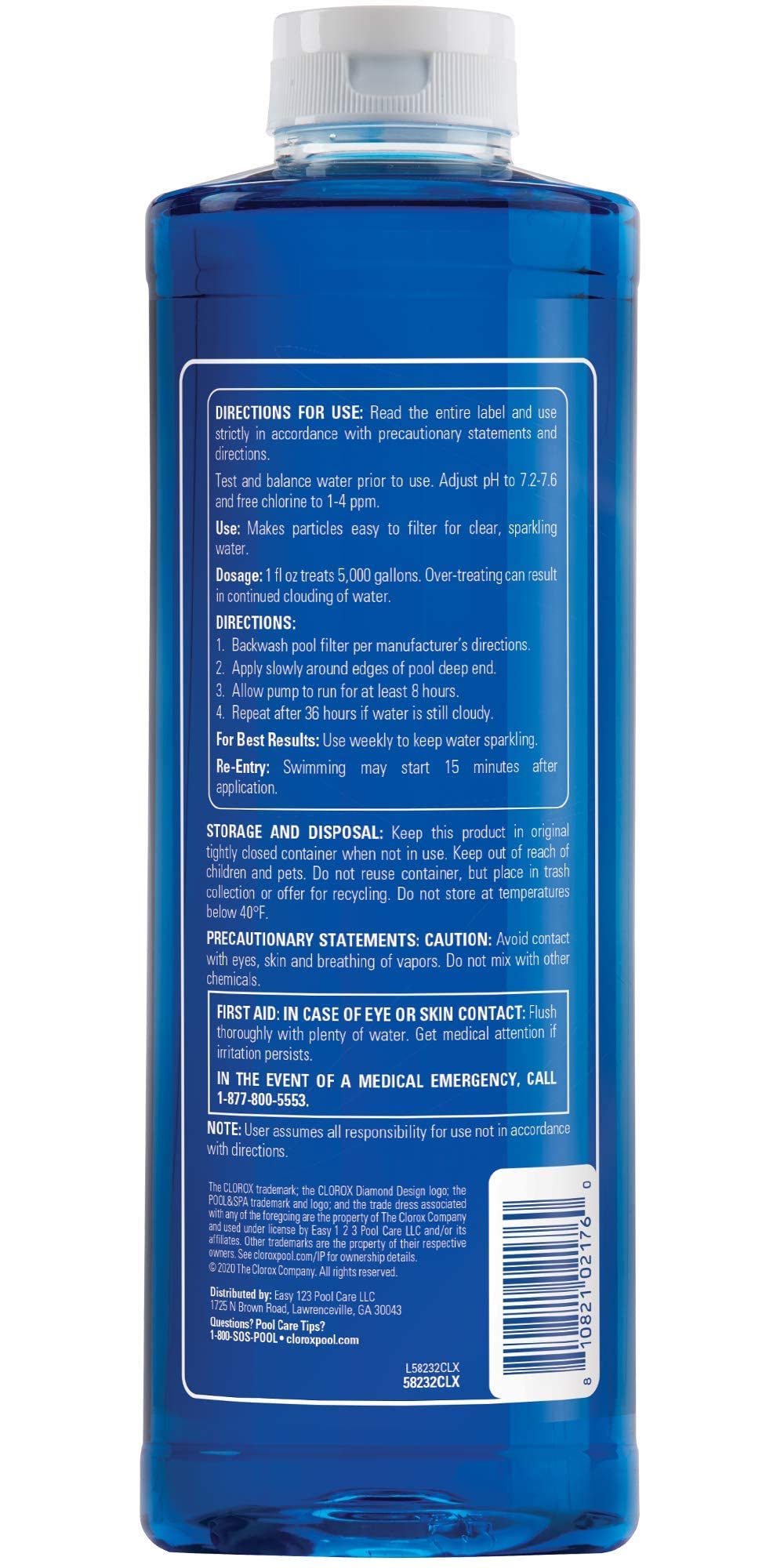 CLOROX Pool&Spa Super Water Clarifier back label with usage instructions