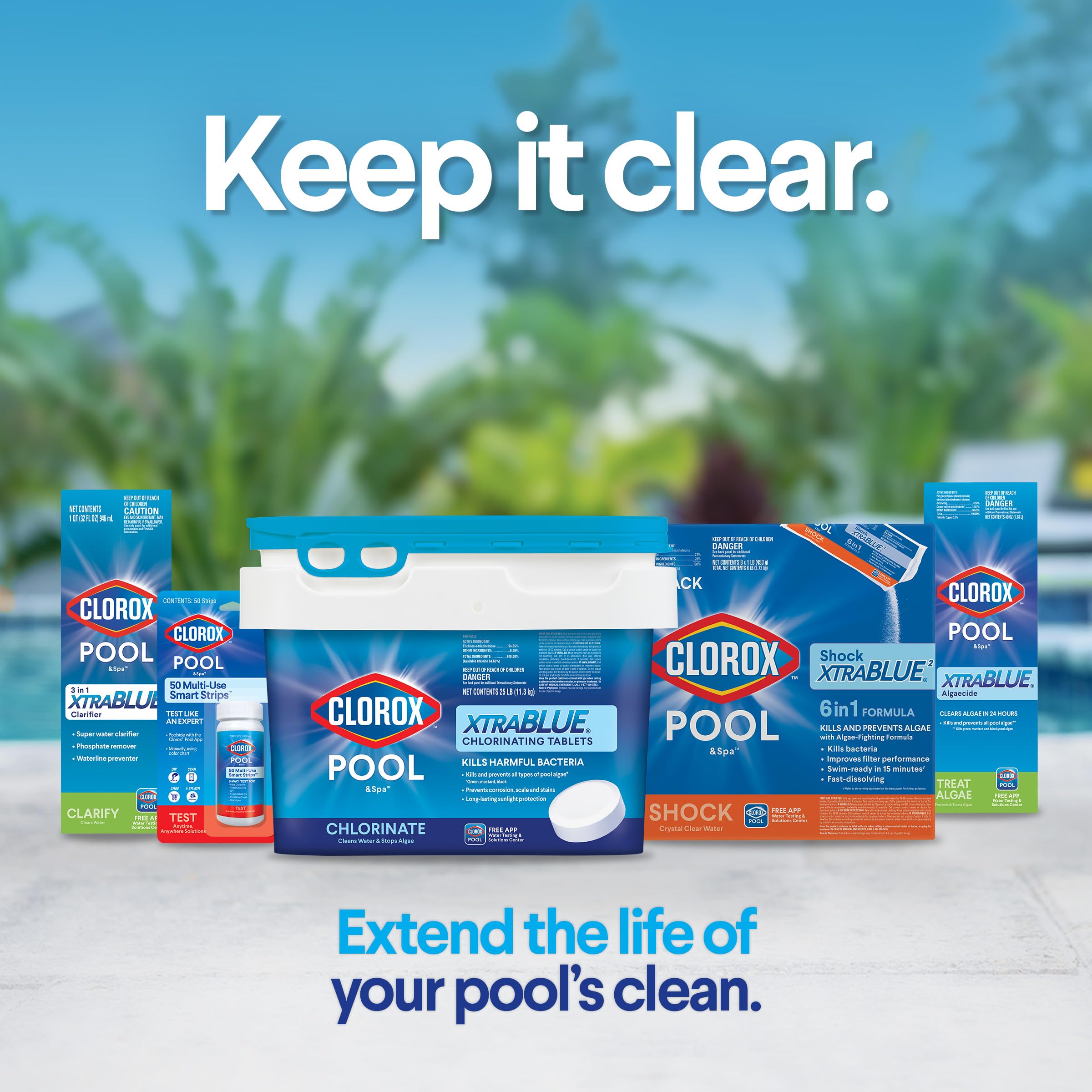CLOROX Pool&Spa XtraBlue Chlorinating Tablets on a patio table