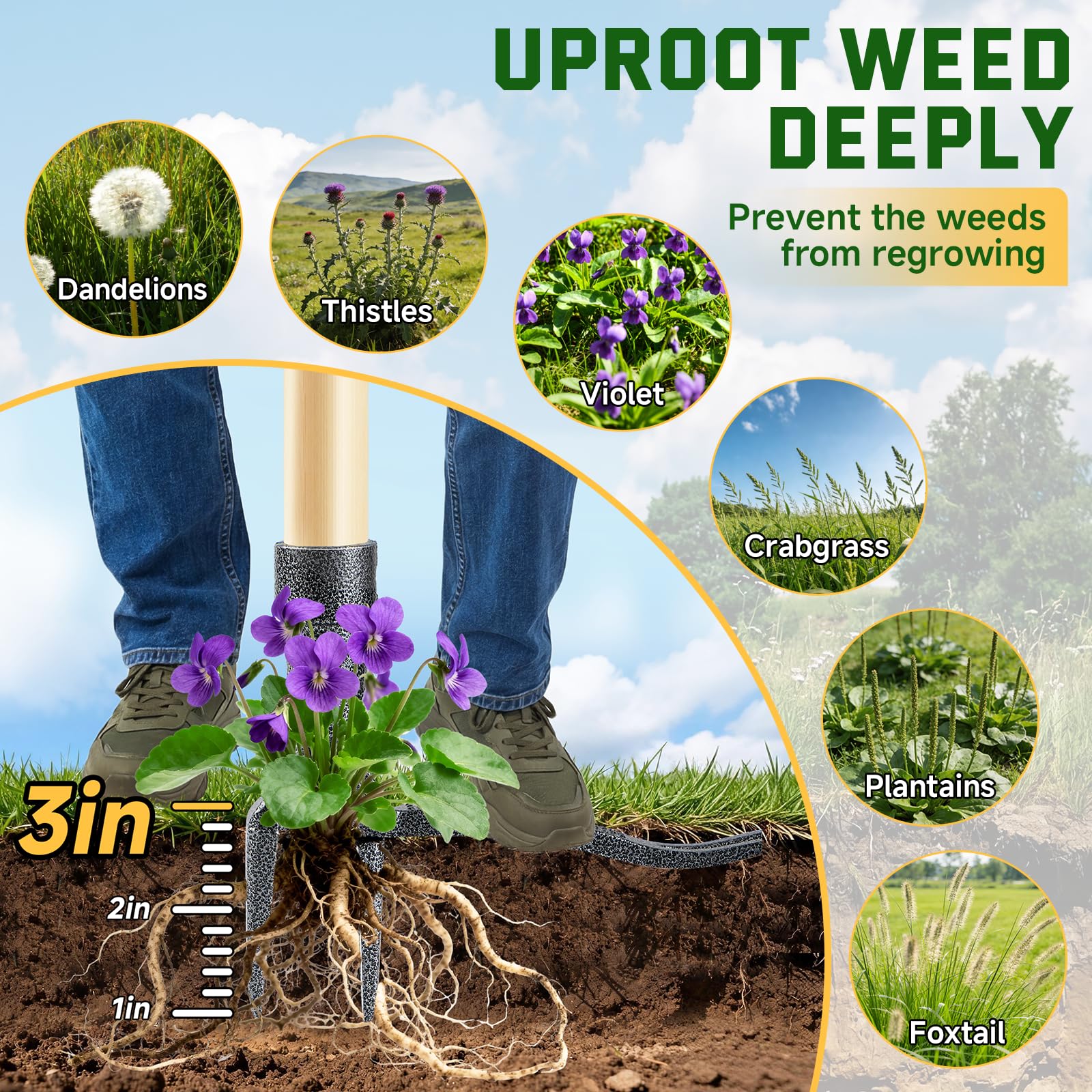 Close-up of 4-claw steel head of BellaJoyz Stand Up Weed Puller Tool