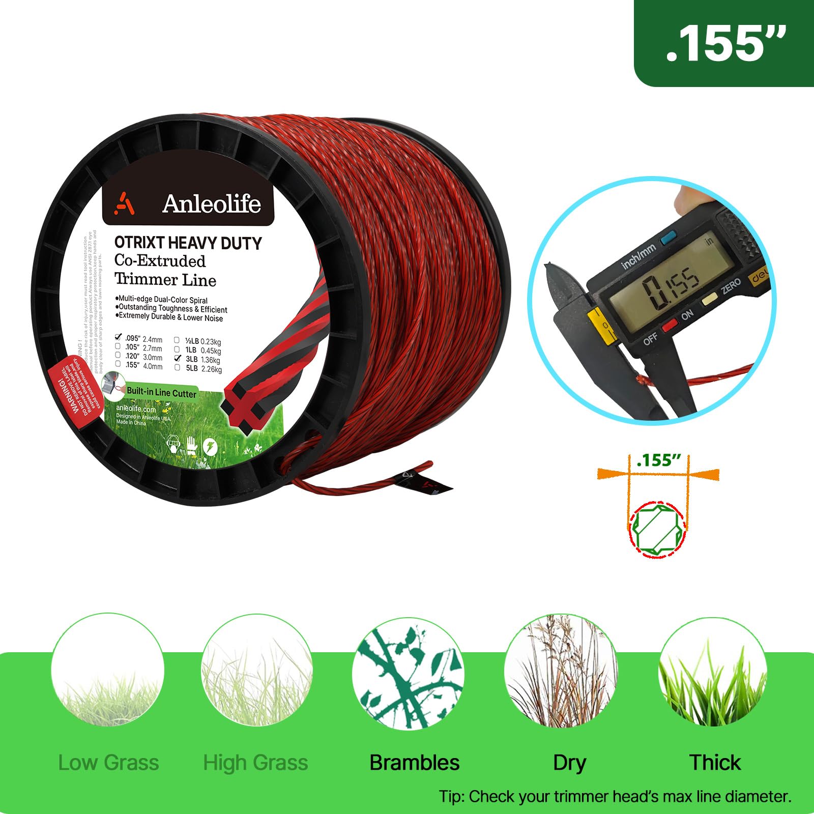 Close-up of A ANLEOLIFE trimmer line showing dual-color spiral design