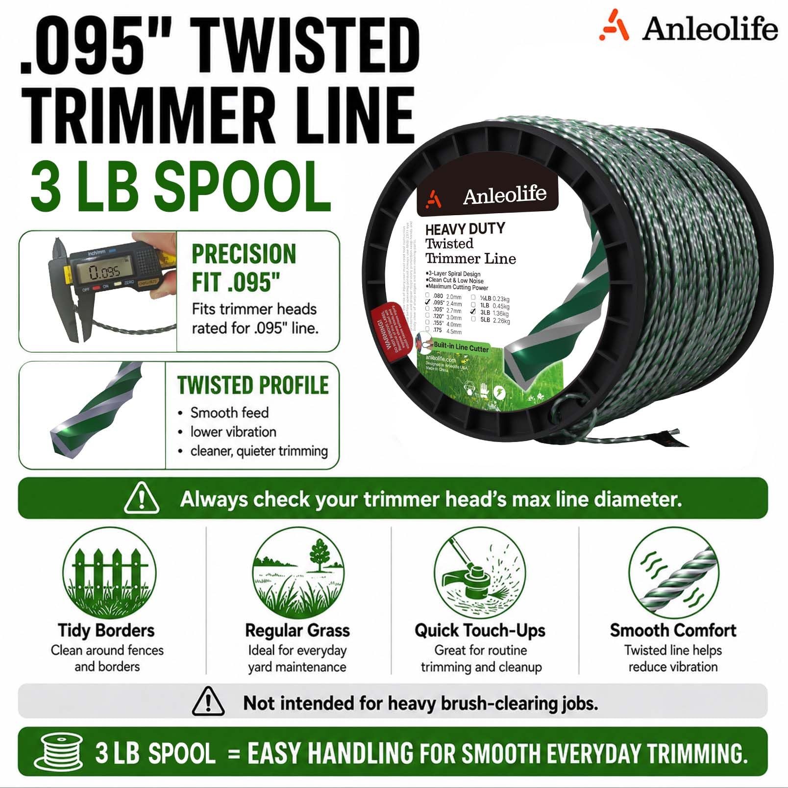 Close-up of A ANLEOLIFE twisted trimmer line showing the dual-colour design