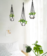 Close-up of a black cotton macrame plant hanger displaying a plant