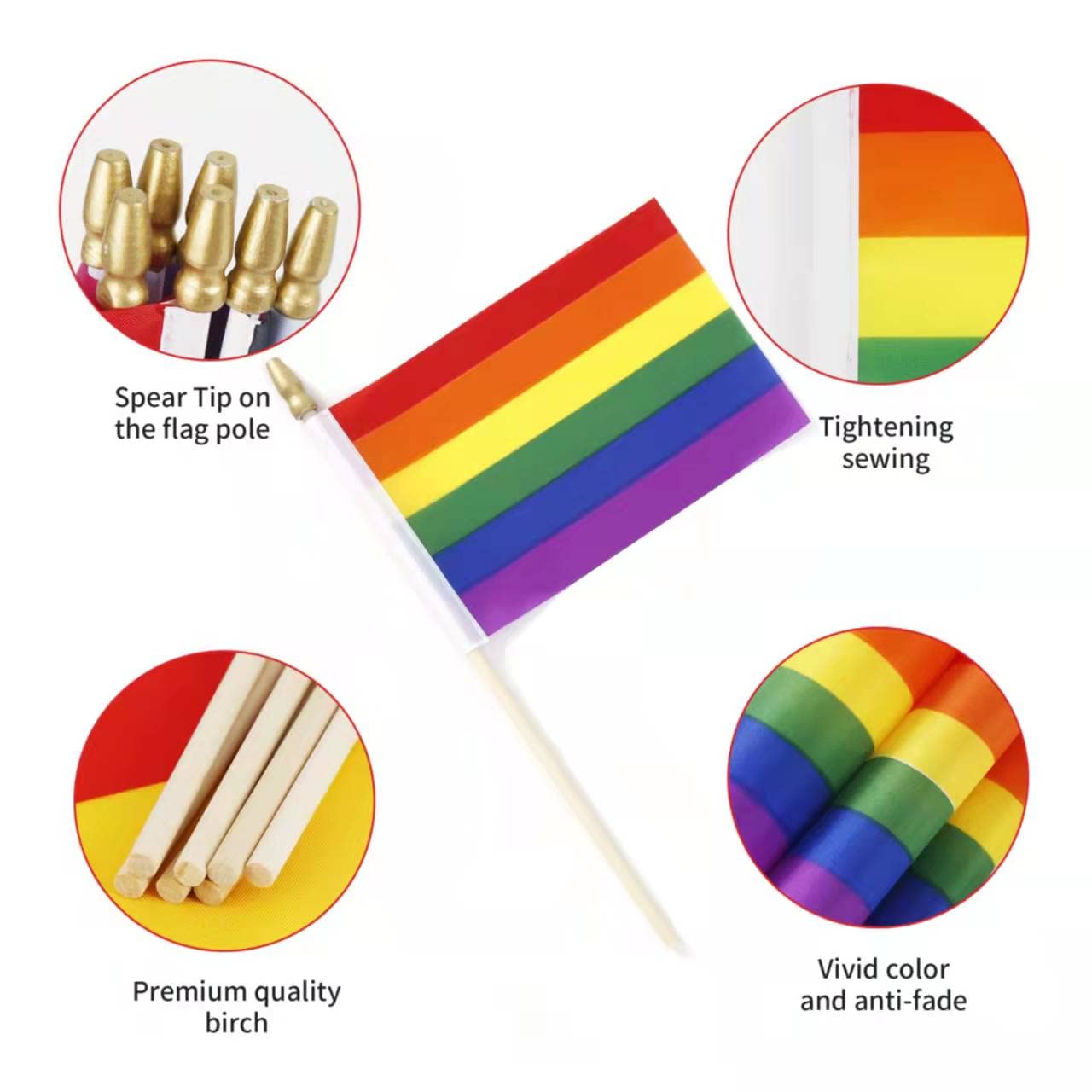 Close-up of a Ckexin rainbow stick flag with plastic stick
