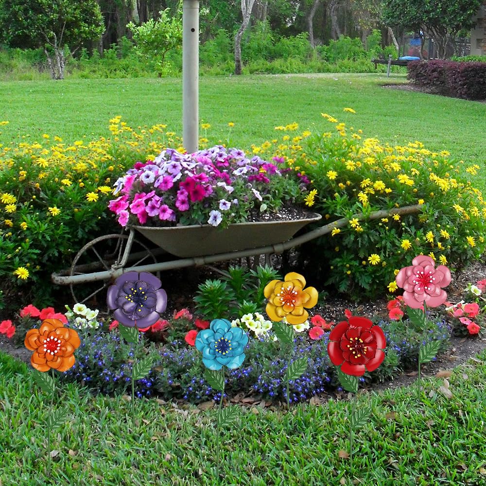 Close-up of a hogardeck metal flower garden stake with vibrant petals