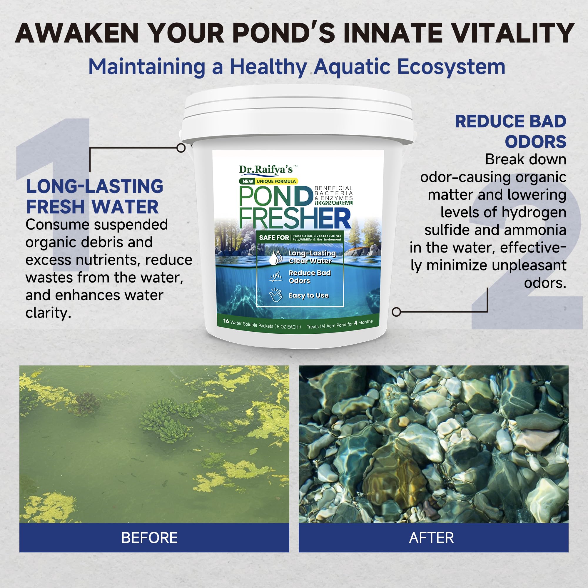 Close-up of a packet of Dr.Raifya's Pond Fresher solution