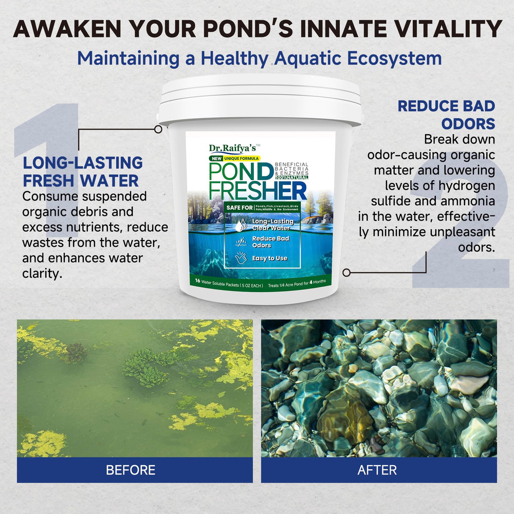 Close-up of a packet of Dr.Raifya's Pond Fresher solution