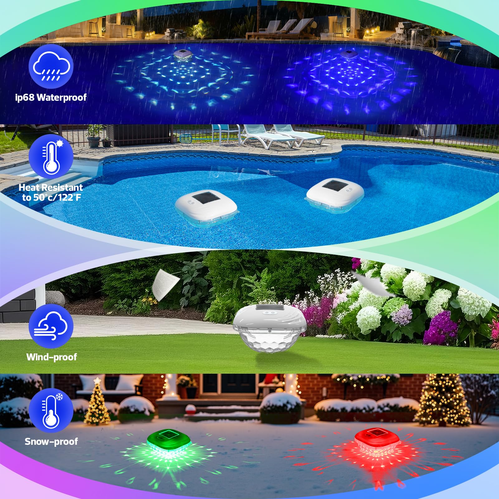 Close-up of a Pooldecor floating light showing dynamic colour change
