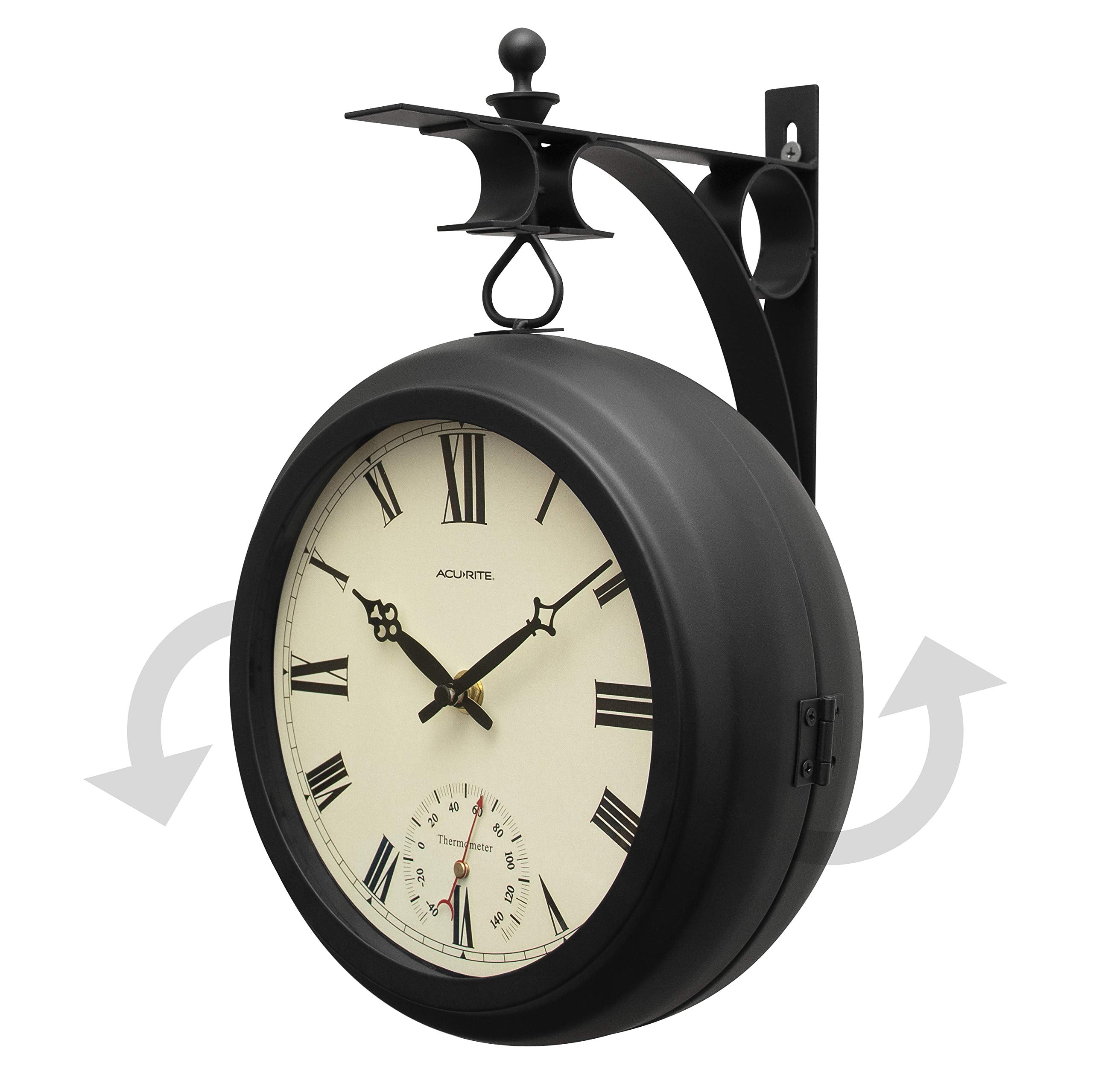 Close-up of AcuRite clock's glass lens and black metal frame