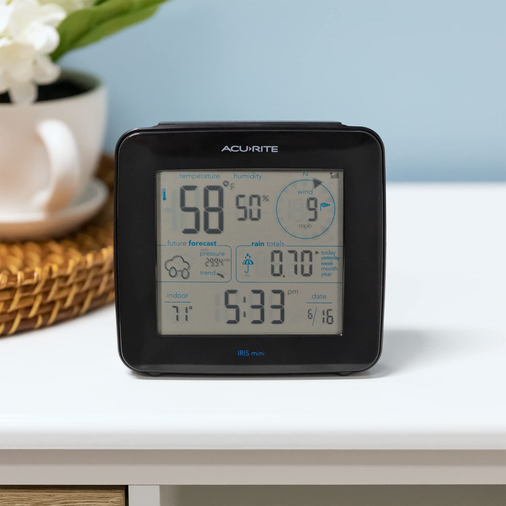 Close-up of AcuRite Iris Weather display showing wind speed