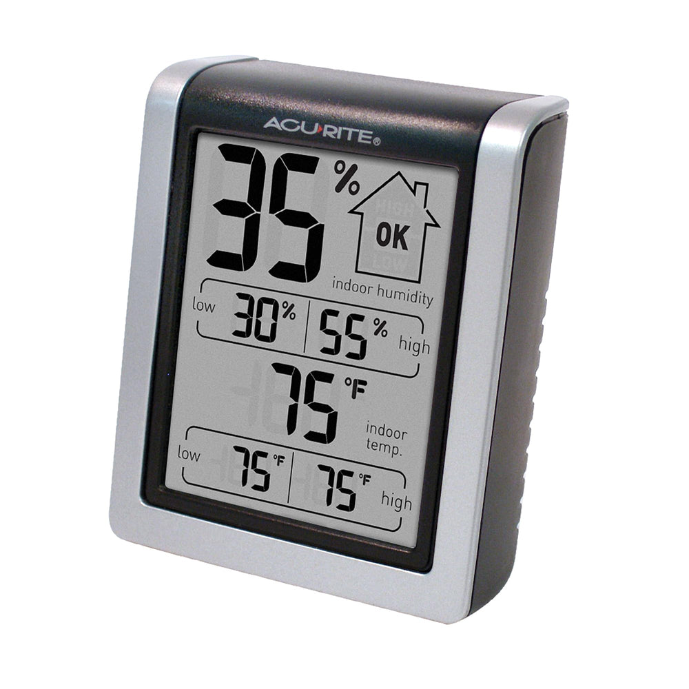 Close-up of AcuRite thermometer and hygrometer features