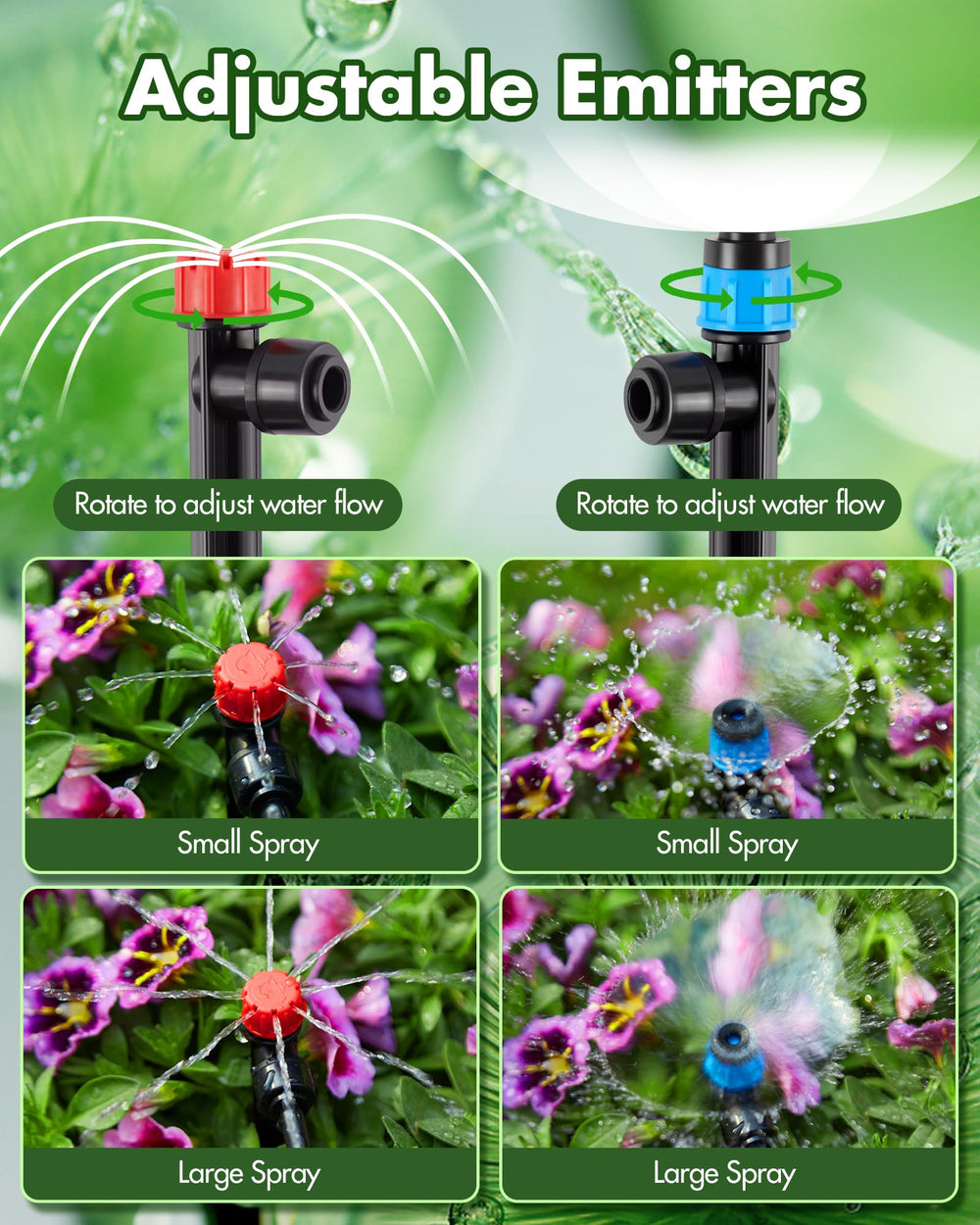 Close-up of adjustable nozzle emitters for Rafow irrigation system