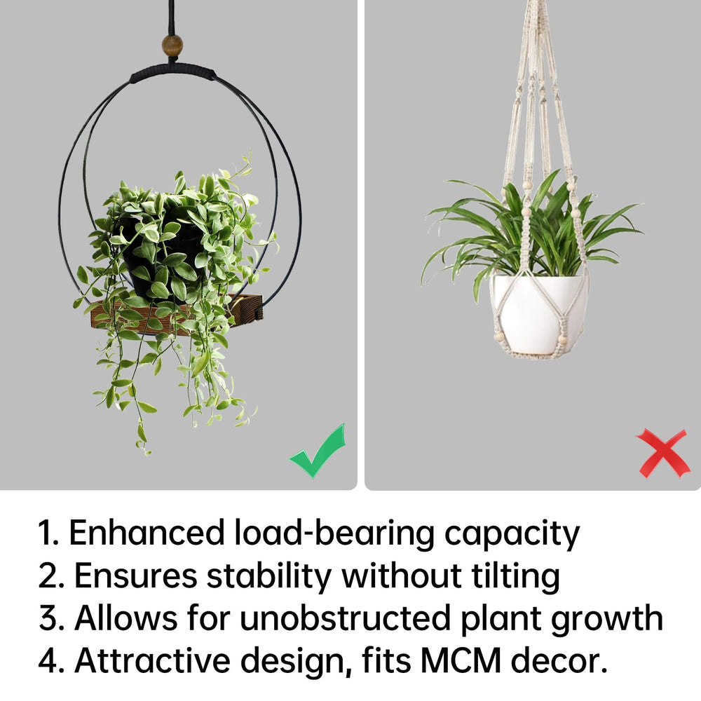Close-up of Adnkwolivt Hanging Planters metal ring and wooden base
