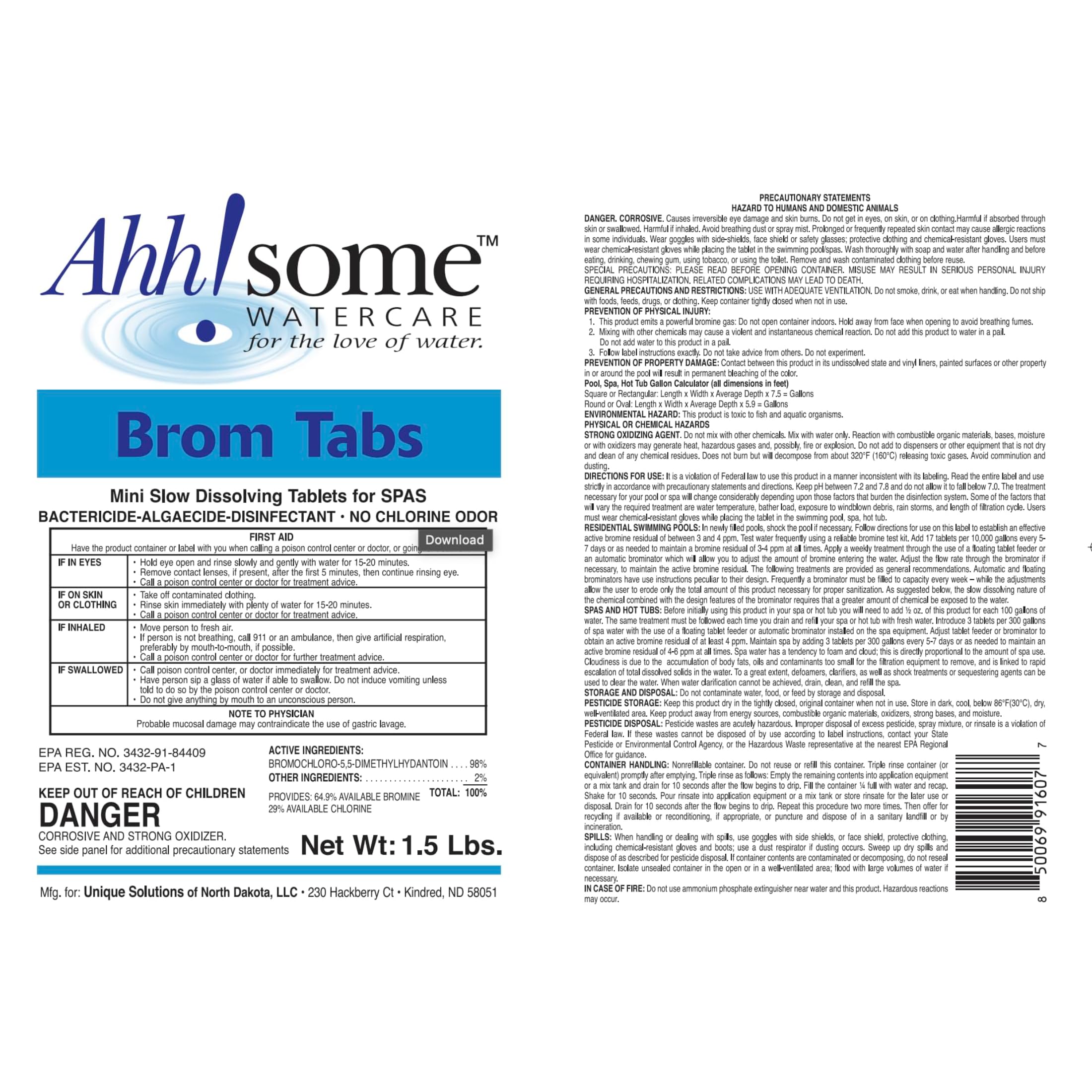 Close-up of Ahh-Some Bromine Tablets in packaging