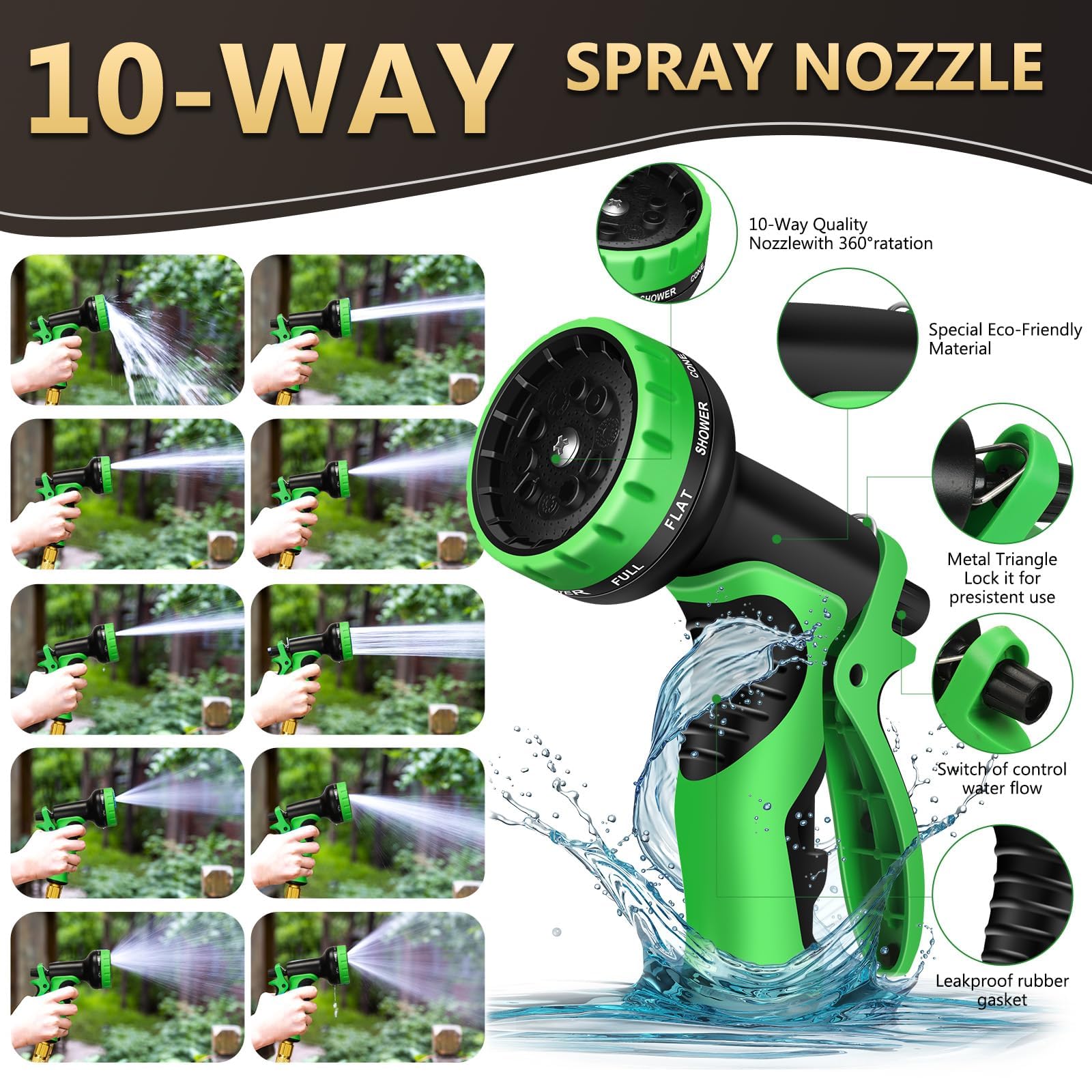Close-up of Ahititi garden hose nozzle with multiple settings