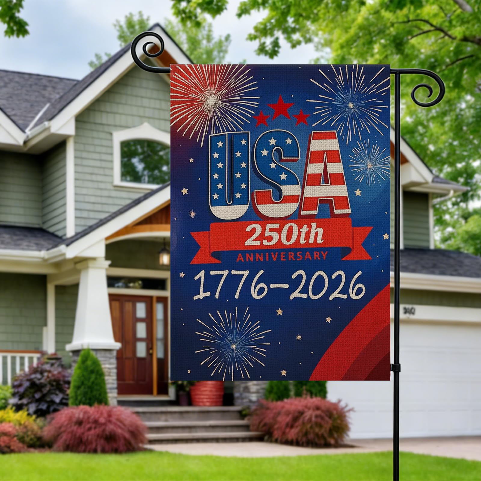 Close-up of AIBOLYNE 250th Anniversary Garden Flag showing 'USA' artwork