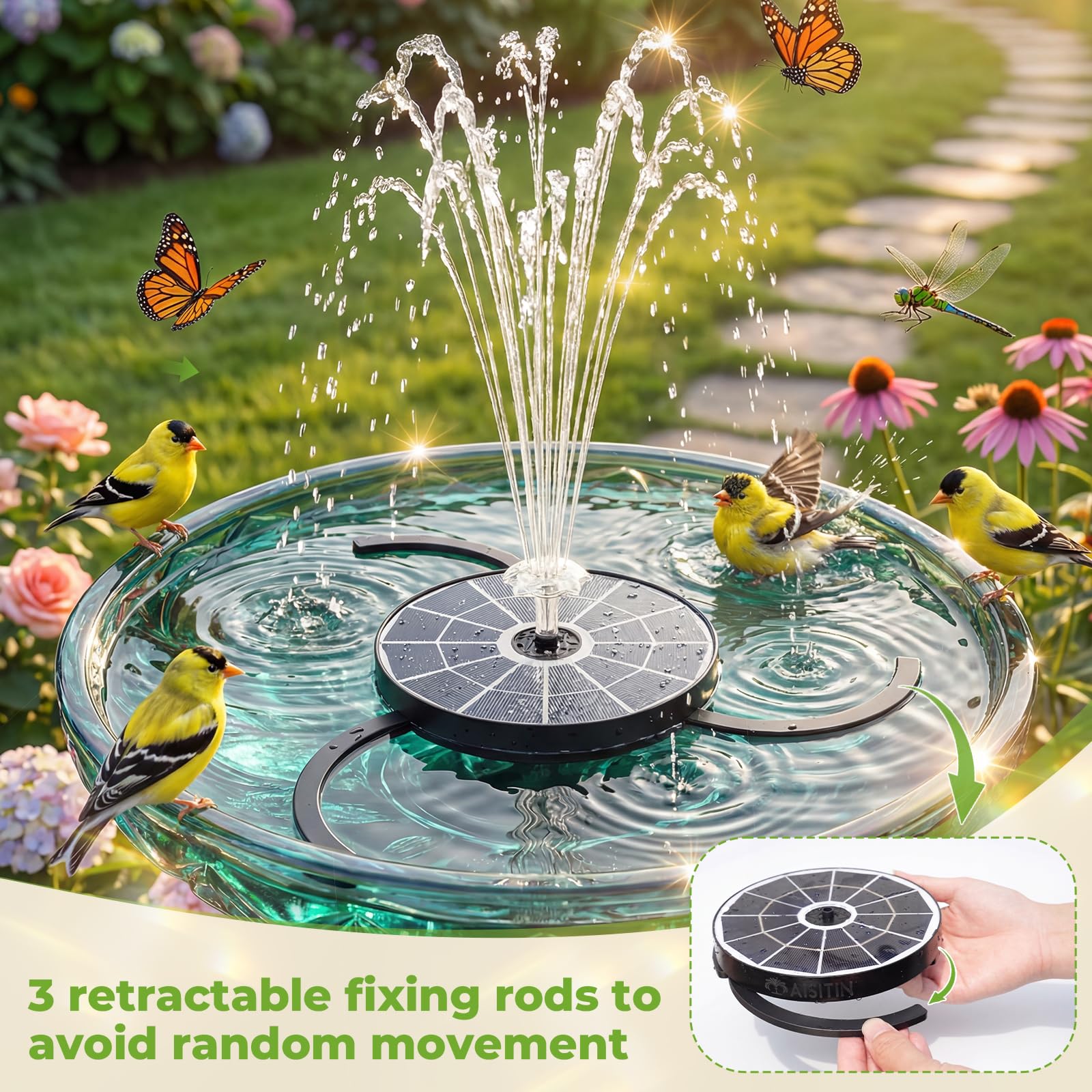 Close-up of AISITIN Solar Bird Bath Fountain nozzle storage feature