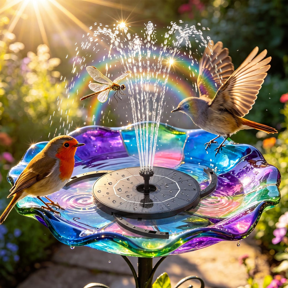 Close-up of AISITIN solar fountain with water flowing