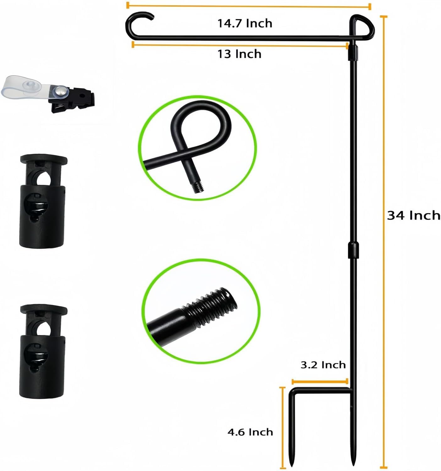 Close-up of Akeydeco flag stand accessories including clips and stoppers