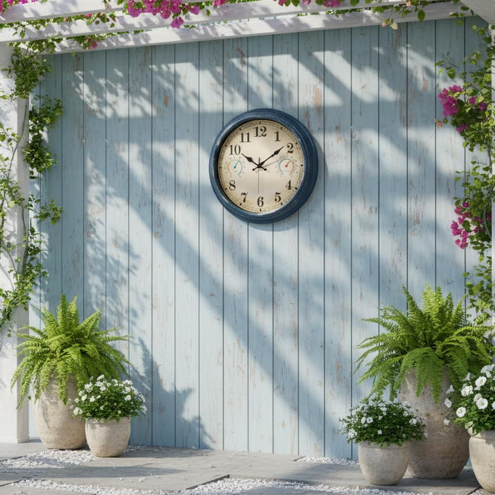 Close-up of Alarllok outdoor clock showing thermometer and hygrometer features