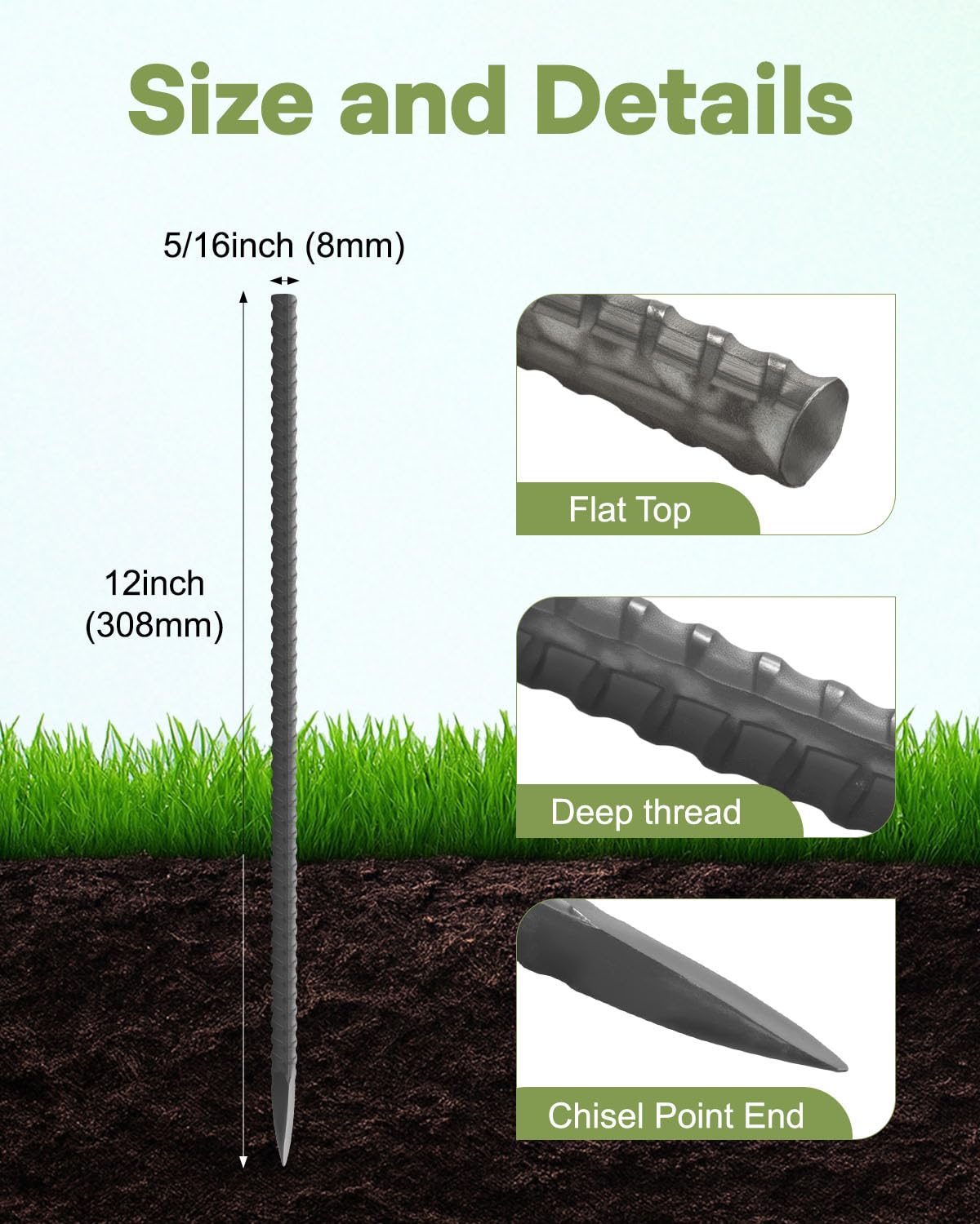 Close-up of Alffun 12 inch garden stake chisel-point tip