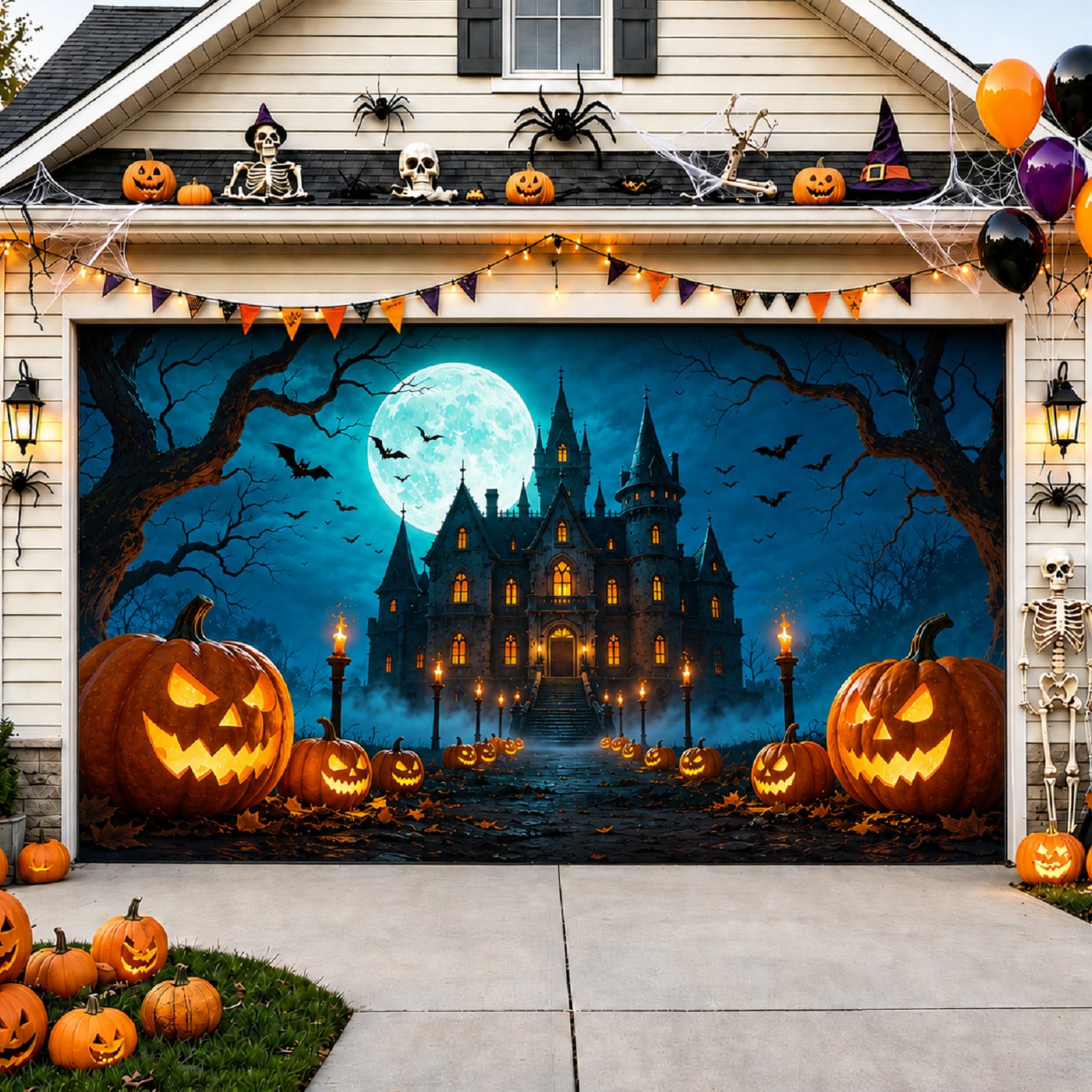 Close-up of Allotall Halloween Garage Door Cover featuring glowing pumpkins