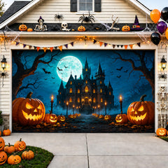 Close-up of Allotall Halloween Garage Door Cover featuring glowing pumpkins