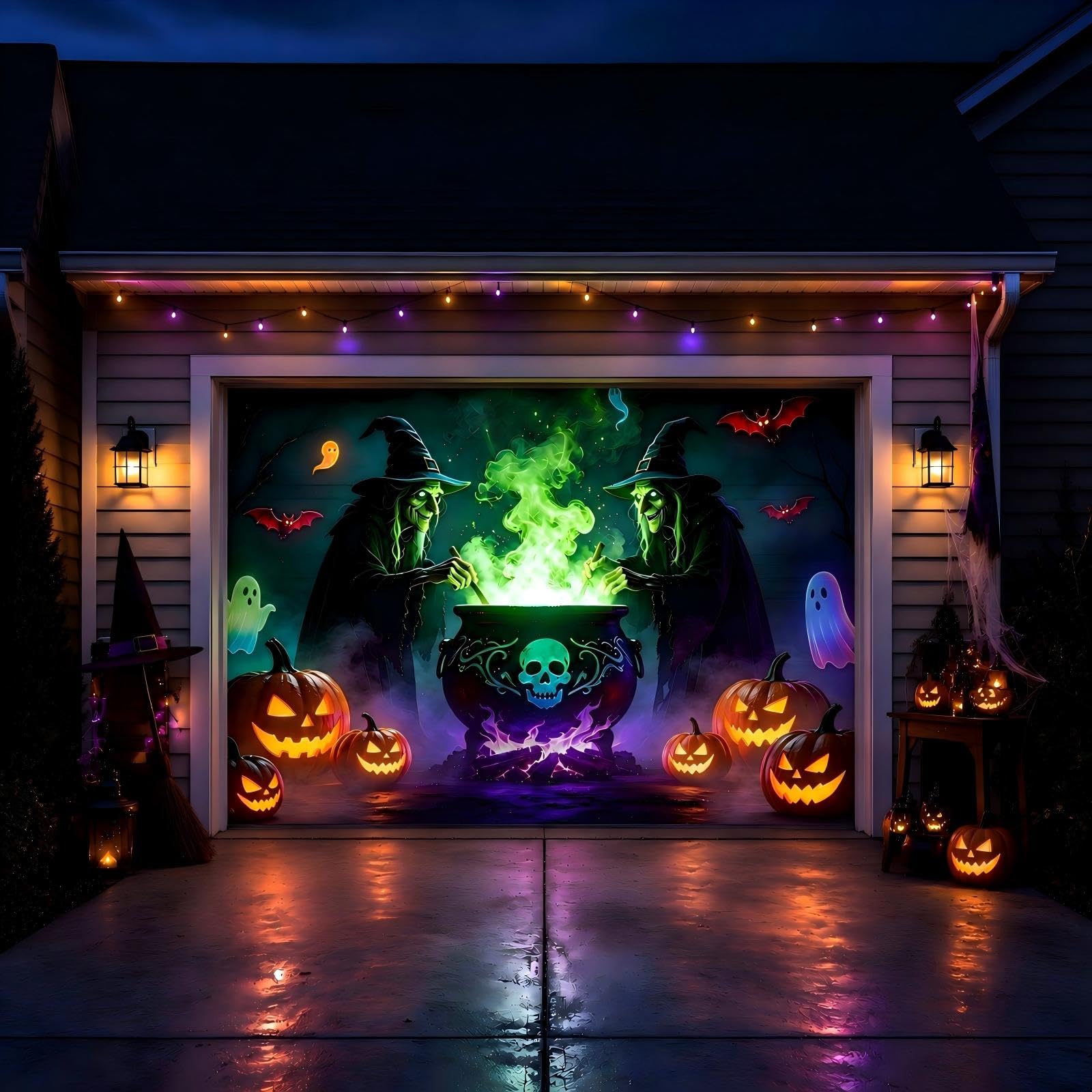 Close-up of Allotall Halloween Garage Door Cover with bats and ghosts