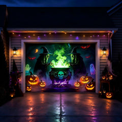 Close-up of Allotall Halloween Garage Door Cover with bats and ghosts