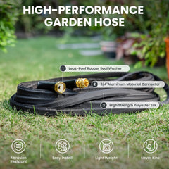 Close-up of aluminum connector of Giraffe Tools garden hose